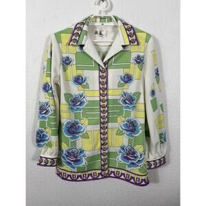 Vintage 60s Mr Fine Top Size M Multicolor Floral Long Sleeve *Missing Buttons